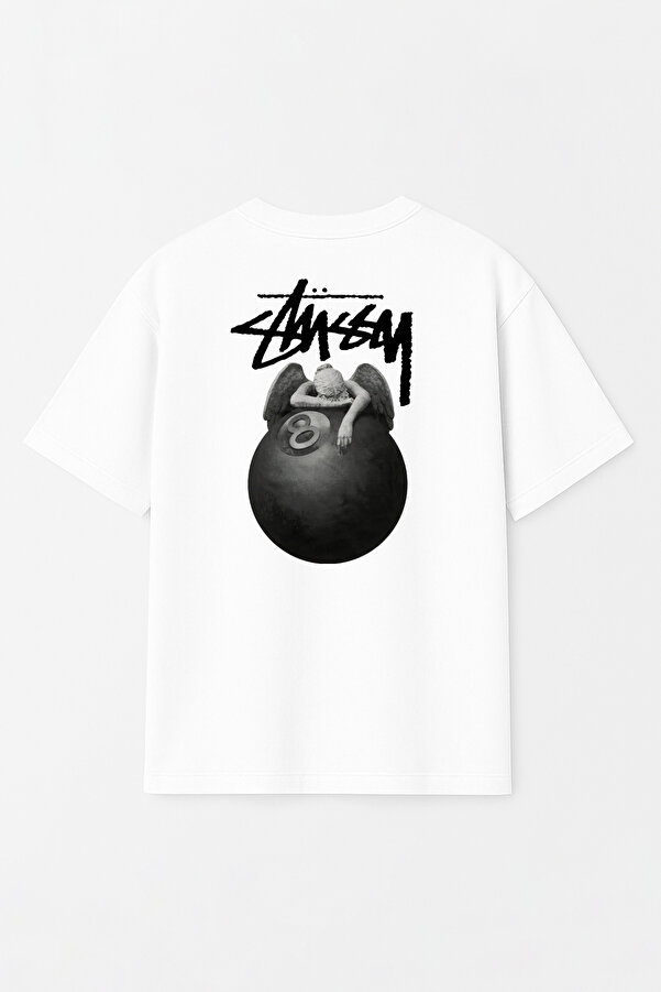 Unisex Stüssy Melek Bilardo Topu Baskılı Oversize %100 Pamuk Geniş Kesim Bisiklet Yaka Tişört RF0530