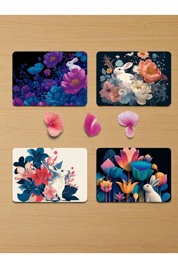 lili hediyelik-Rabbit and Flower Printed Mousepad Set of 4 Mouse Pads 17X21 cm 1