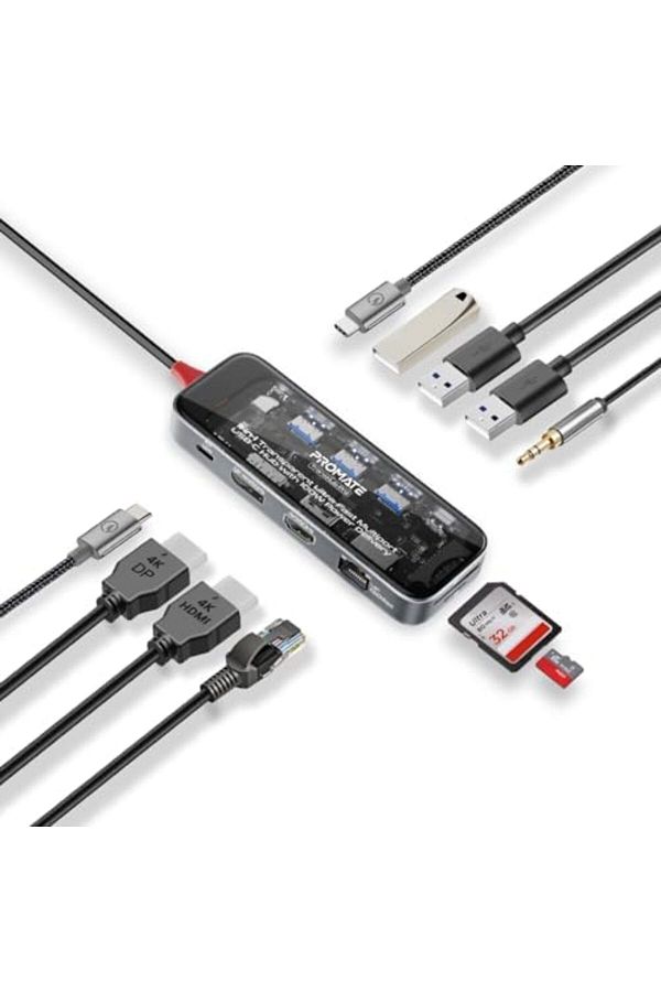 Promate-USB-C™ Hub, 11-in-1 Multi-Display Hub with Dual 4K HDMI, 4K DisplayPorts, Ultra-Fast 1000M 1