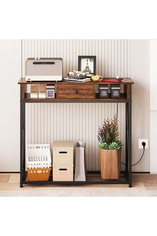 AGD-Modern Entry Coffee Table 100×30×90cm with Storage Shelf and Power Outlet, Side Table for Living R 1