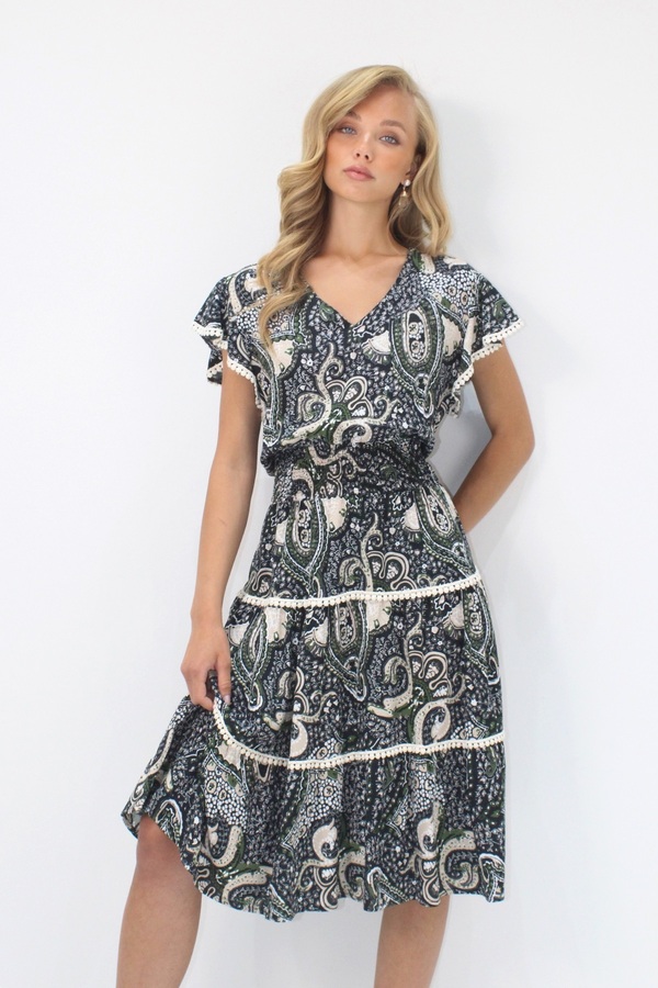 Trend Alaçatı Stili-Women's Khaki V-Neck Ethnic Patterned Fisto Detailed Waist Gipeli Woven Dress Alc-X14094 1