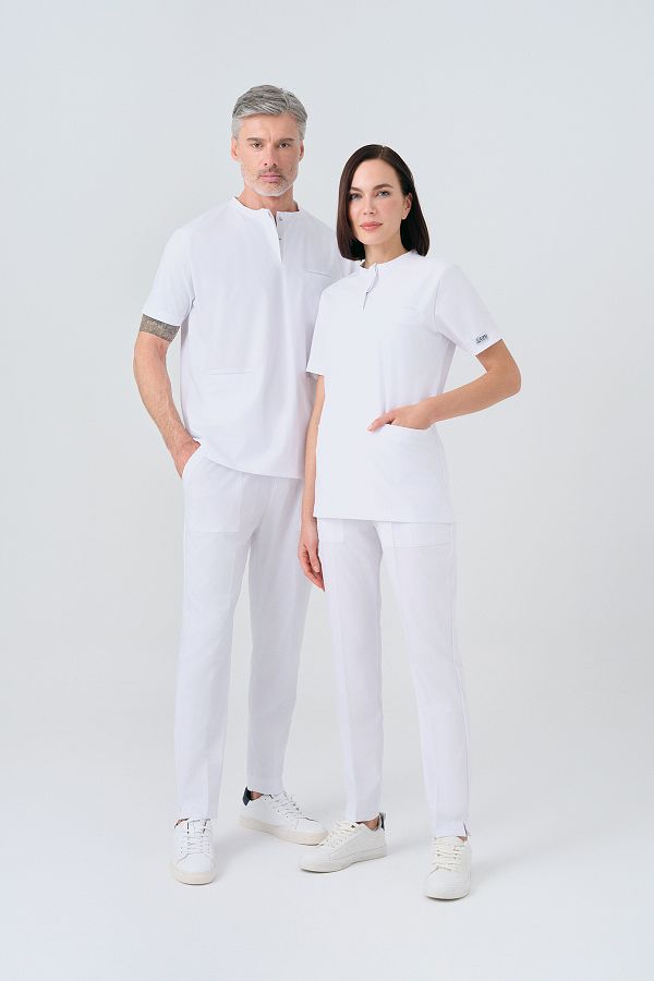 ÇİZGİ MEDİKAL-White Cool Best Lycra Scrubs Suit Reversible Stretchy Fabric Doctor Nurse Uniform 1
