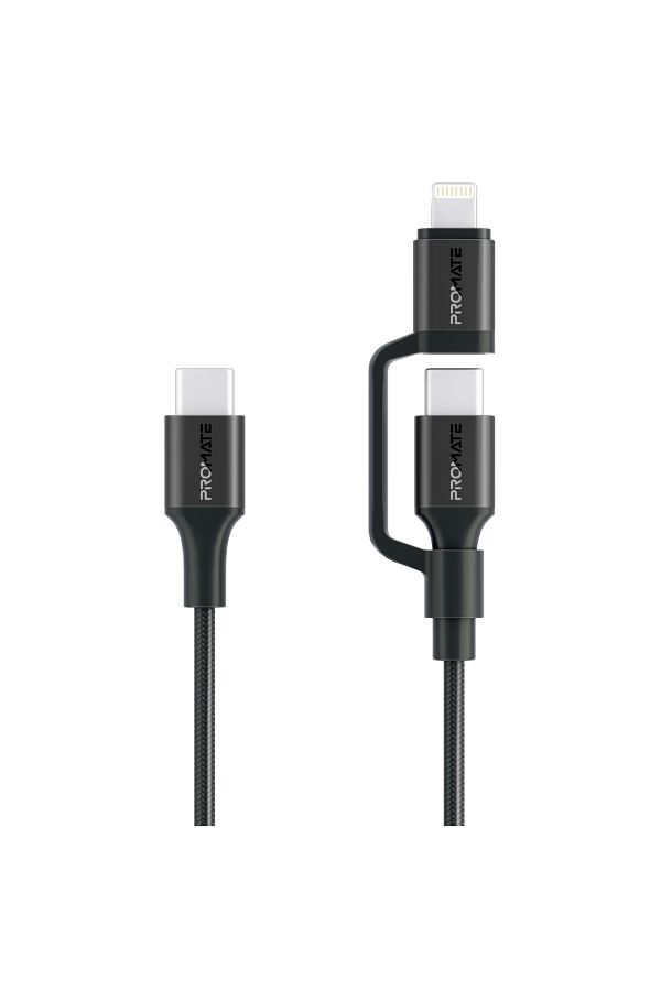 Promate-High-Speed 3-in-1 MFI Certified Lightning and USB-C Cable, 60W USB-C and 27W Lightning Outpu 1