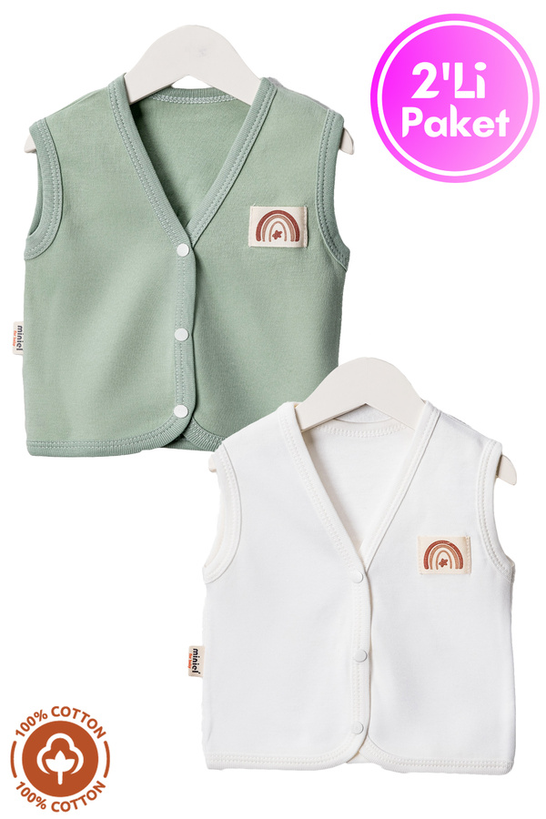 Miniel Unisex Bebek Arma Detaylı Organik Pamuklu 3-6-9 Ay 2Li Penye Bebek Yelek Set