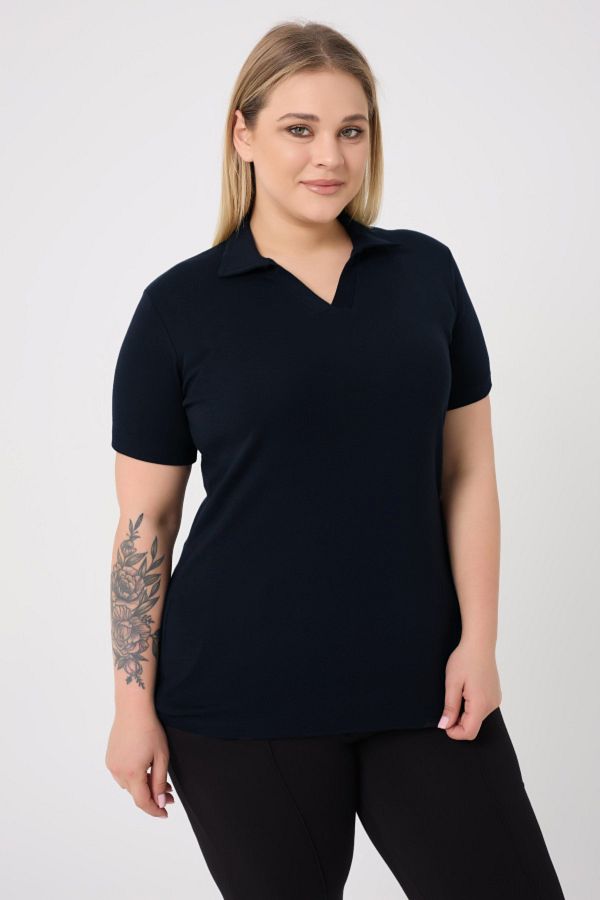 BANEGA-Bluză Curve Plus Size pentru femei, bumbac, lycra, cu decolteu în V, de bază, solidă, cu mânecă scurtă, albastru bleumarin 1
