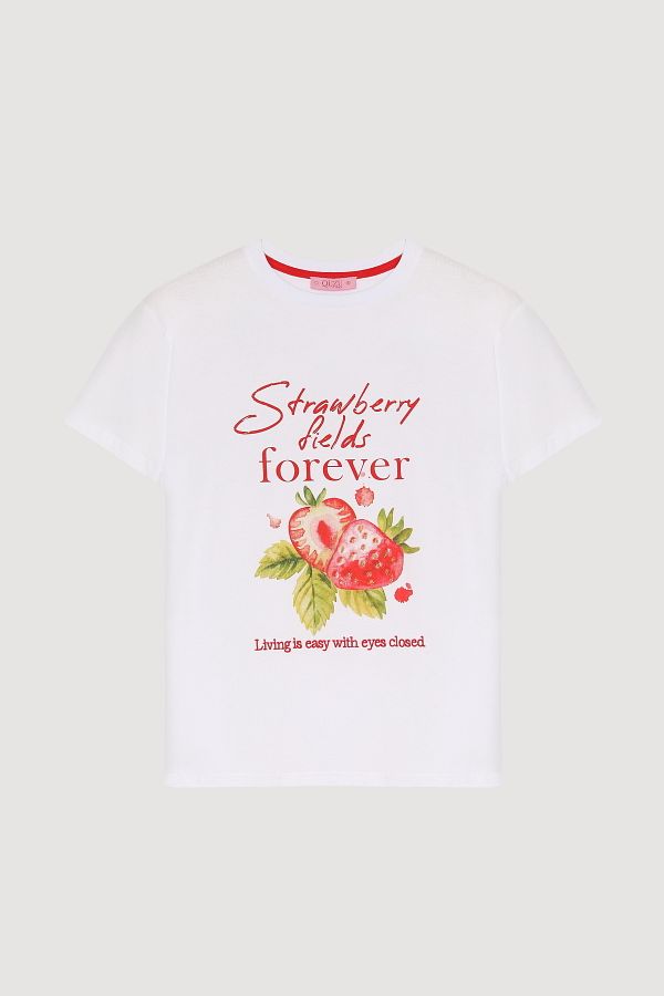 Quzu-Tricou cu broderie cu text imprimat cu căpșuni alb 1
