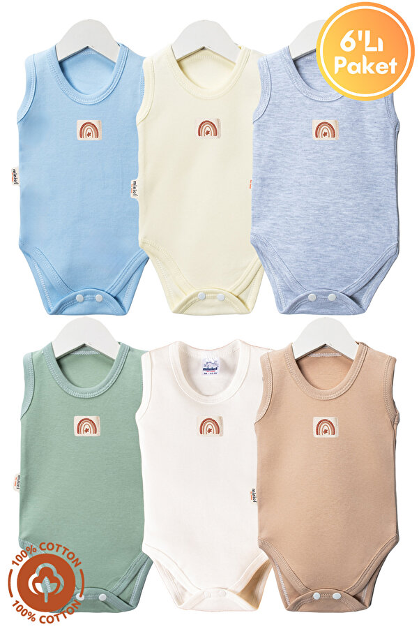 miniel organic Unisex Bebek %100 Organik Pamuklu Etiketli 3-6-9-12 Ay 6Lı Kolsuz Atlet Bebek Body Zıbın Set