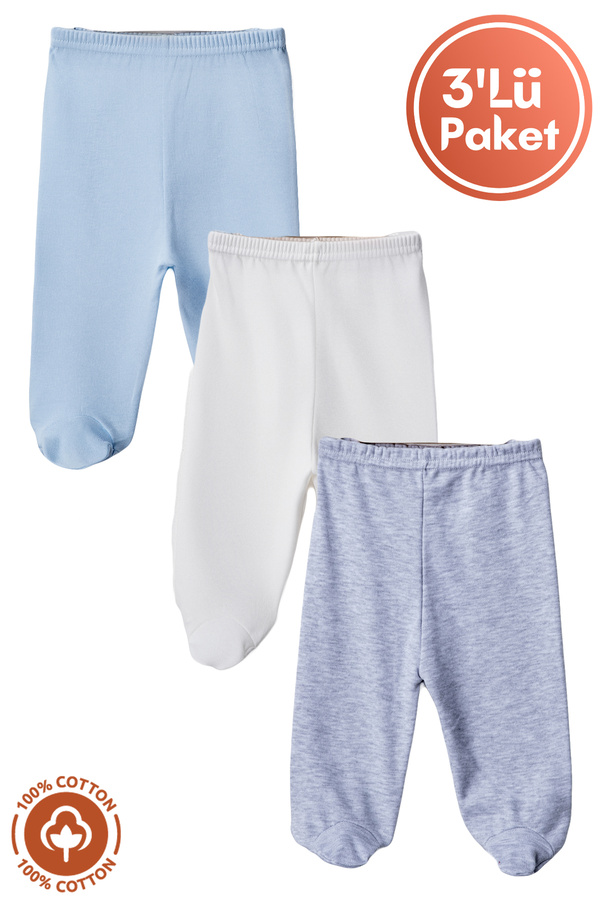 Miniel Unisex Bebek Pamuklu 0-6 Ay Patikli Bebek Pantolon 3lü Renkli Set