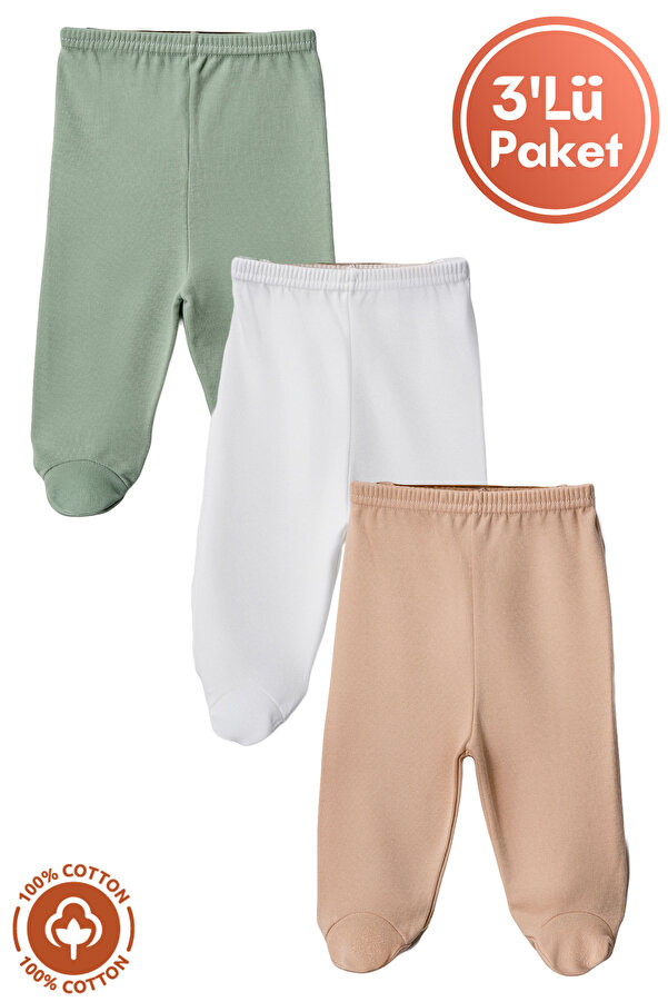 Miniel Unisex Bebek Pamuklu 0-6 Ay Patikli Bebek Pantolon 3lü Renkli Set