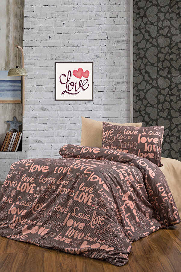 CANDAN ÇEYİZ Lastikli Çarşaflı Tek Kişilik Nevresim Takımı Love Kahve