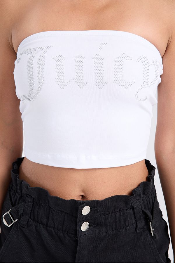3 ROPE-Juicy Rhinestone Stone Printed Strapless Crop Top Bustier White 1