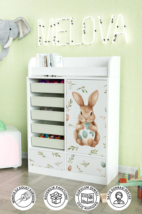 Hediyeler Kapında Pretty Rabit Design "Melova" 5 Sepetli 2 Çekmeceli Çok Amaçlı Oyuncak Dolabı