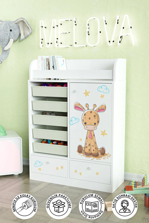 Hediyeler Kapında Bay Zürafa Design "Melova" 5 Sepetli 2 Çekmeceli Çok Amaçlı Oyuncak Dolabı