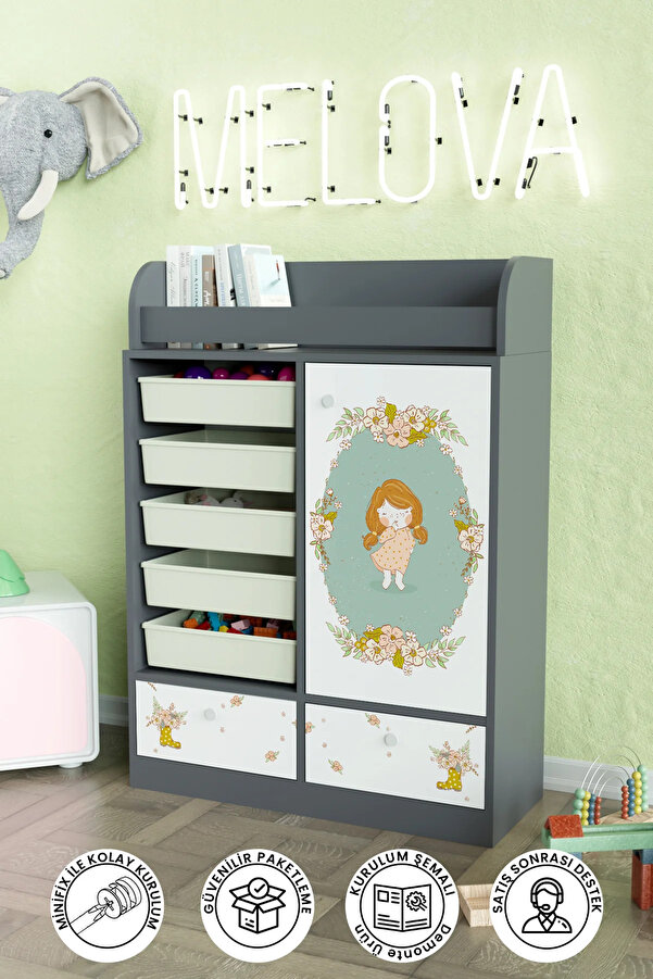 Hediyeler Kapında Adorable Design "Melova" 5 Sepetli 2 Çekmeceli Çok Amaçlı Oyuncak Dolabı