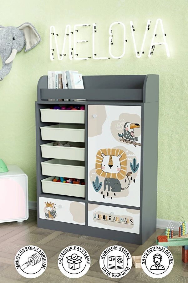 Hediyeler Kapında Jungle Animals Design "Melova" 5 Sepetli 2 Çekmeceli Çok Amaçlı Oyuncak Dolabı