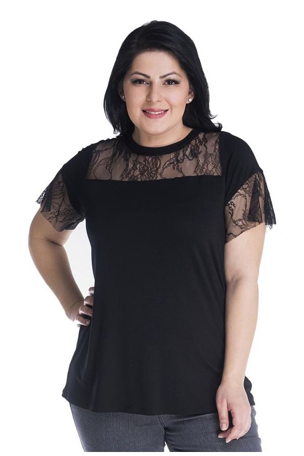 MYLİNE-T-Shirt with Lace Detail on the Front and Sleeves 1