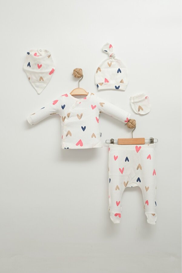 MUHINO Heart Pattern 5’li Yenidoğan Kız Bebek Hastane Çıkışı Seti