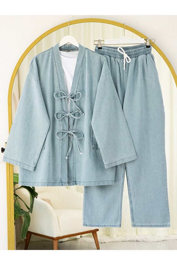 Modamorfo Jeans Kimono Suit with Tie Front Pockets and Trousers