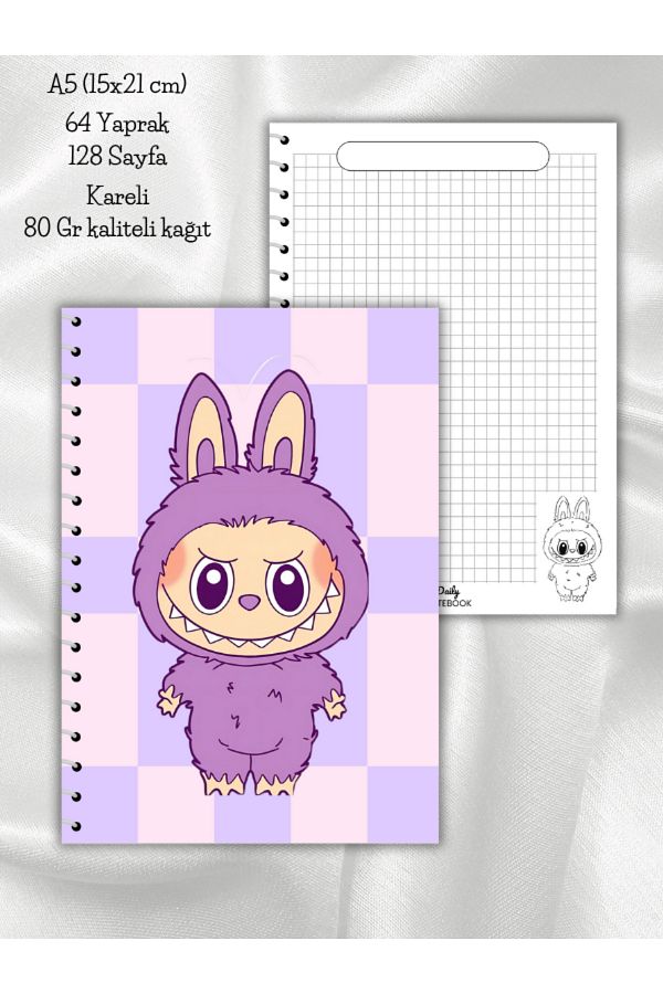 daily notebook-Labubu Checkered School Notebook, 64 Sheets Spiral A5 Medium Size (15X21 cm) Size 1
