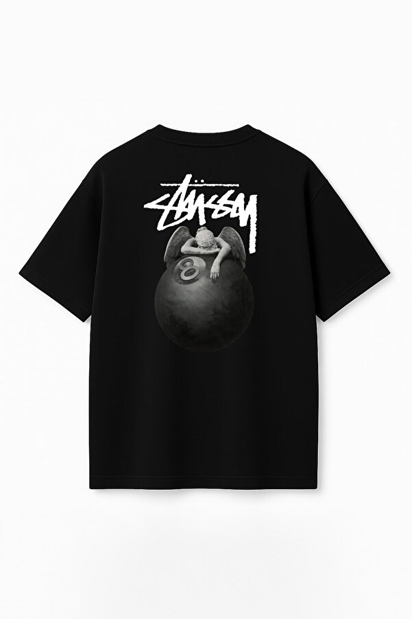 Unisex Stüssy Melek Bilardo Topu Baskılı Oversize %100 Pamuk Geniş Kesim Bisiklet Yaka Tişört RF0530