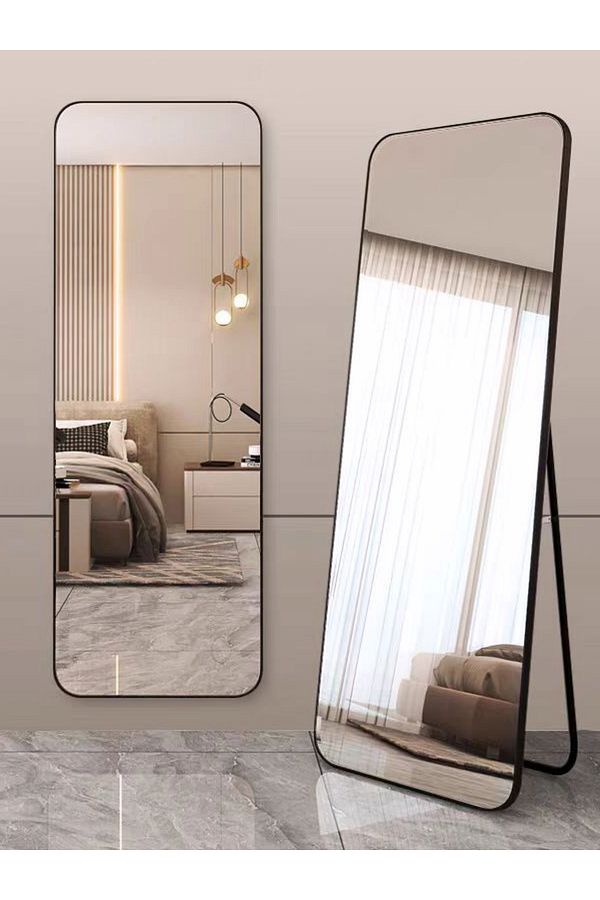 Lumely-Modern Rectangular Full Length Mirror With Rounded Corners And Black Metal Frame 155 X 45cm 1