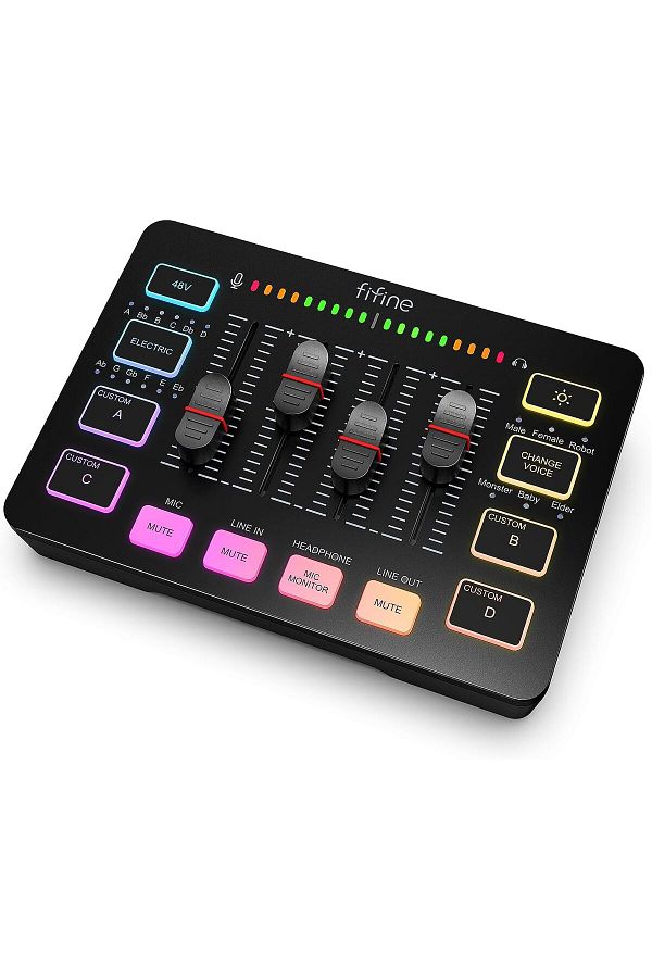 Fifine-Gaming Audio Mixer, Streaming RGB PC Mixer with XLR Microphone Interface, Individual Control, 1