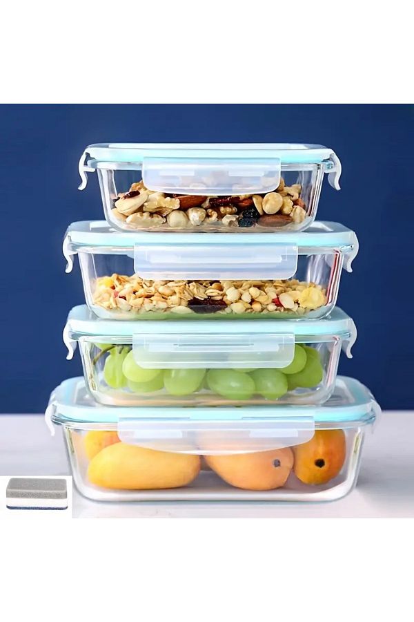 CİHO-4Pcs 1520Ml-1040Ml-700Ml-410Ml Glass Ziplock Vacuum Rectangular Airtight Lid Storage Container 1