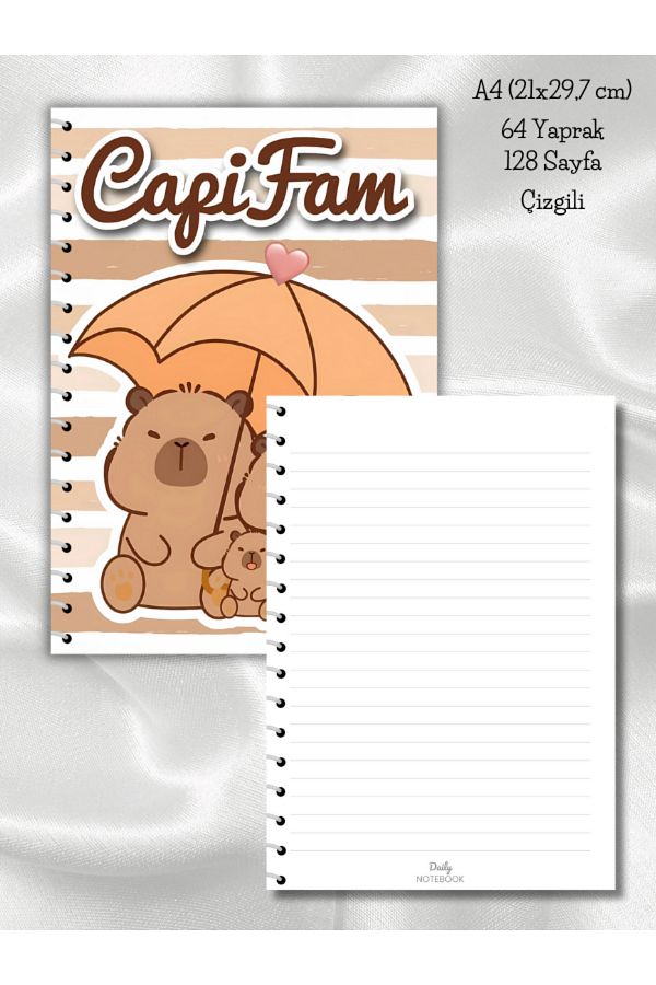 daily notebook-Capybara Striped School Notebook, 64 Sheets Spiral A4 Large Size (21X29,7 cm) Size 1