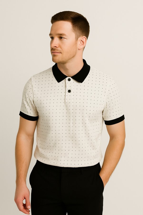 Generic Brands 2120 Men's Ecru Black Collar Polo Neck T-Shirt Micro Polka Dot Pattern, Regular Fit, Stylish Casual Style