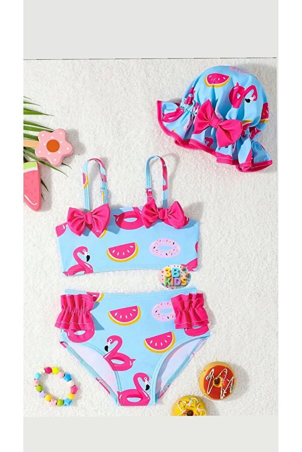 3b kids unicornn bebek mayo bikini takımı şapkalı korumalı 3lü set
