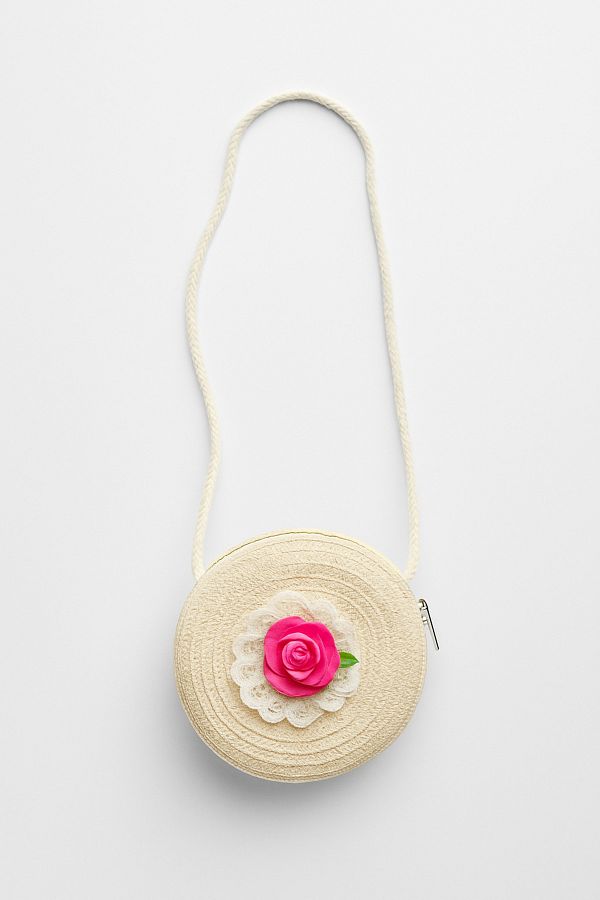Magu-Girl's Straw Crossbody Bag - Pink Rose Detailed Round Model 1