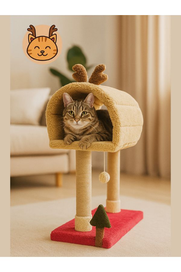 Komano Pontika-Cat Scratching Post and Cat Bed |   Deer Themed |   With Bell and Playground |   Soft and Comfortable 1