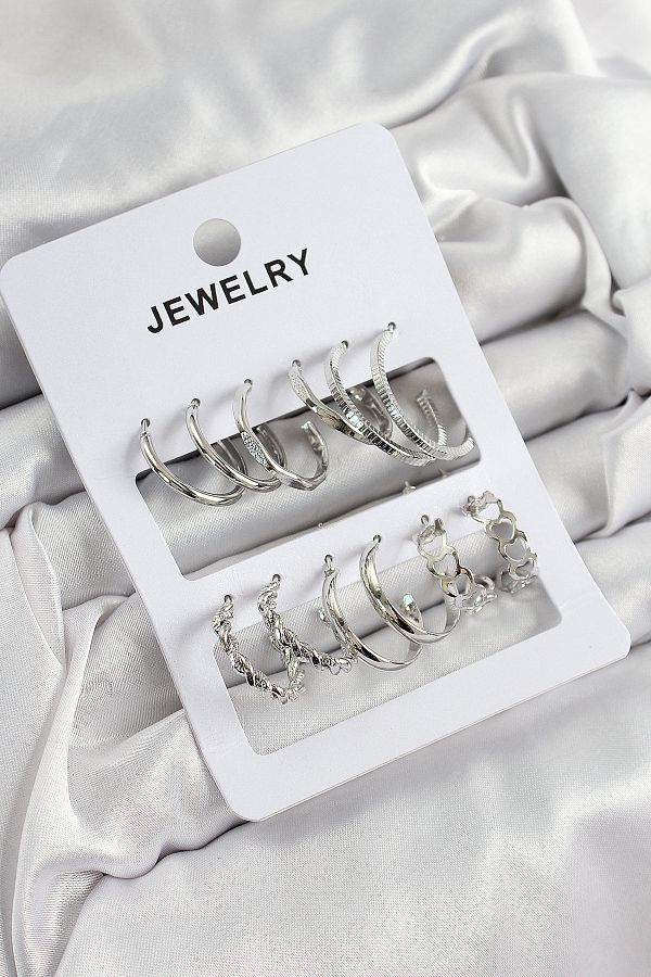 SeyCey.co-Brass Mixed Ring Model Silver Color 6 Pairs Women's Earrings Set 1