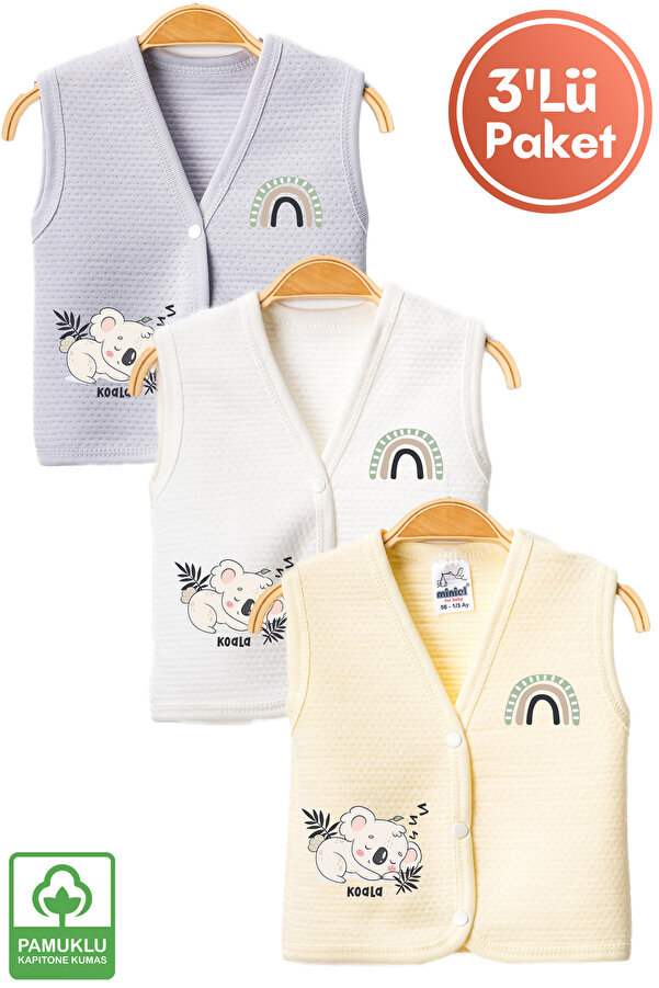 Miniel Unisex Bebek Baskılı Organik Pamuklu 3-6-9 Ay 3Lü Kapitone Bebek Yelek Set