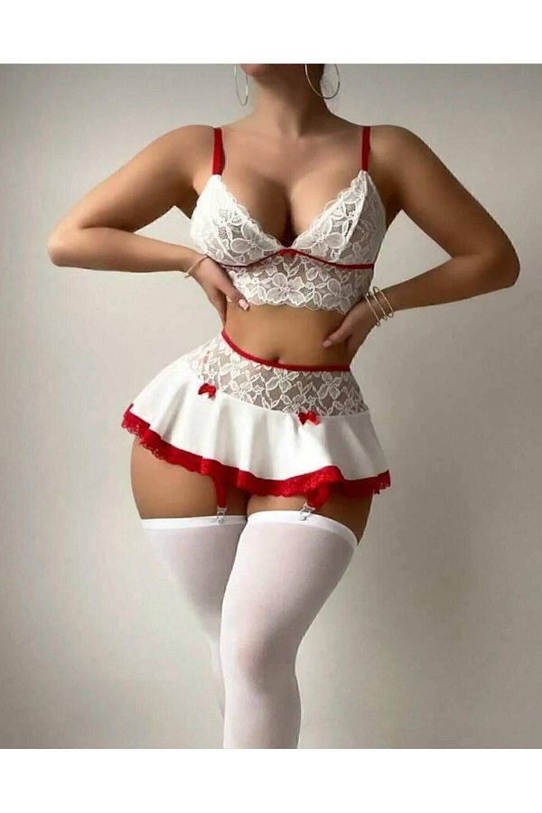 DESİLE-Model Asistentă Model Roșu-alb Set Costum Asistentă Fancy 1