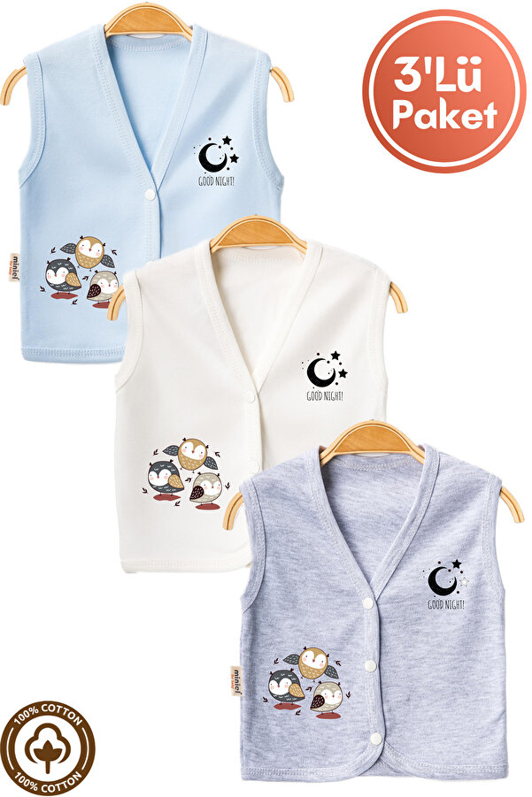 Miniel Unisex Bebek Baykuş Baskılı Organik Pamuklu 3-6-9 Ay 3lü Penye Bebek Yelek Set
