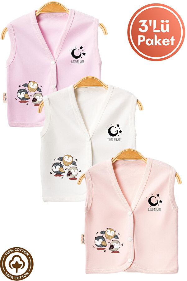 Miniel Unisex Bebek Baykuş Baskılı Organik Pamuklu 3-6-9 Ay 3lü Penye Bebek Yelek Set