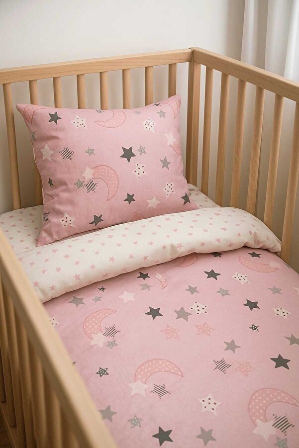 Bebek Özel Bebek/çocuk Yastık Çarşaf Yorgan Seti Pembe Ay Yıldız 70x110 Park Beşik Için (Yorganlı)