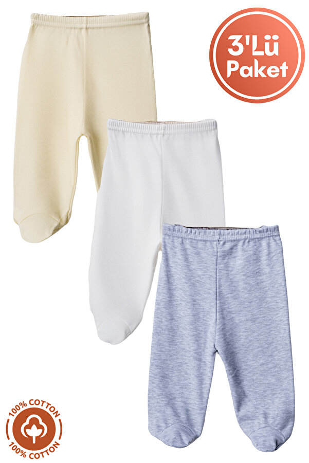 Miniel Unisex Bebek Pamuklu 0-6 Ay Patikli Bebek Pantolon 3lü Renkli Set