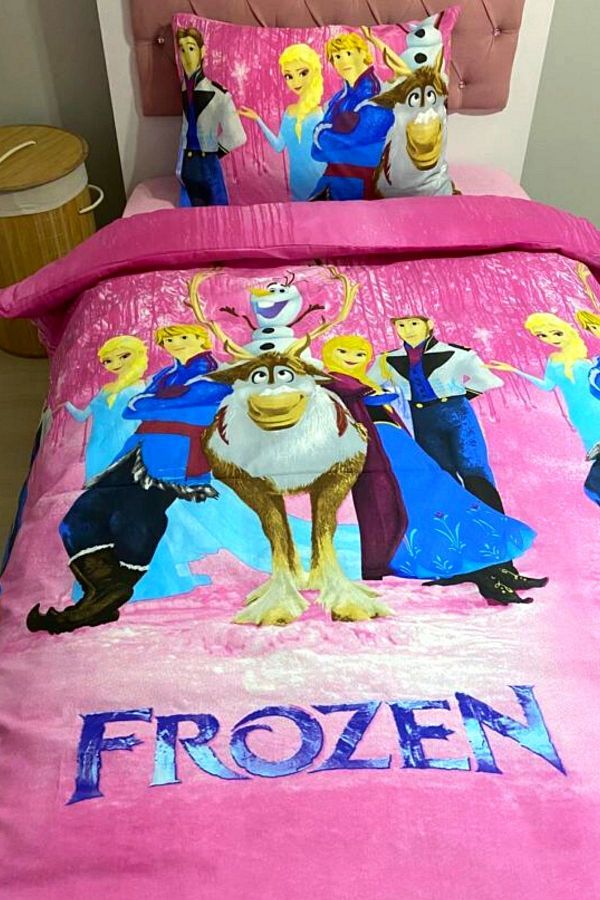 CANDAN ÇEYİZ-Frozen Patterned Duvet Cover Set with Single Sheet, Elastic Cotton and 2 Pillow Cases (with a Gift) 1