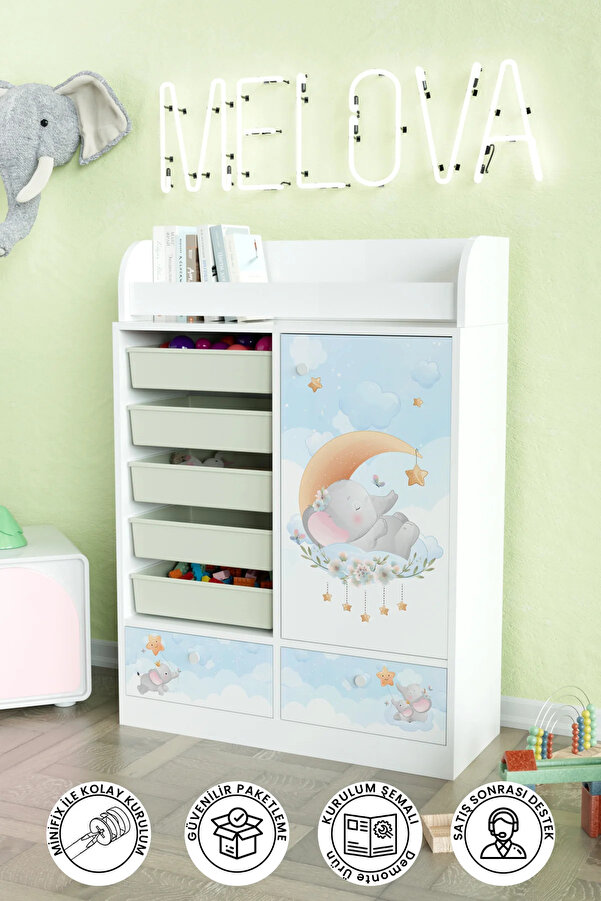 Hediyeler Kapında Minik Rüyacı Design "Melova" 5 Sepetli 2 Çekmeceli Çok Amaçlı Oyuncak Dolabı