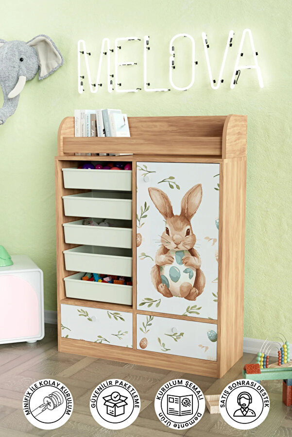 Hediyeler Kapında Pretty Rabit Design "Melova" 5 Sepetli 2 Çekmeceli Çok Amaçlı Oyuncak Dolabı