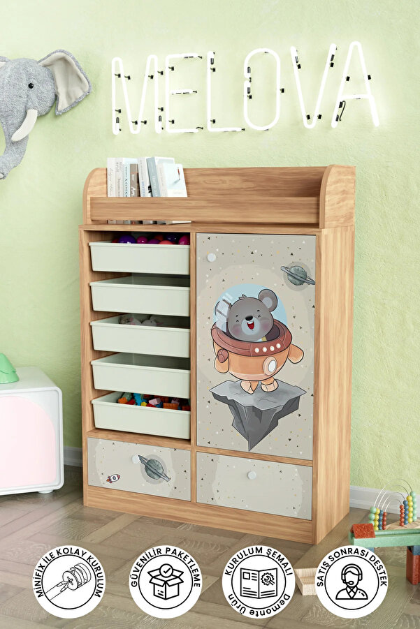 Hediyeler Kapında Little Astronaut Design "Melova" 5 Sepetli 2 Çekmeceli Çok Amaçlı Oyuncak Dolabı