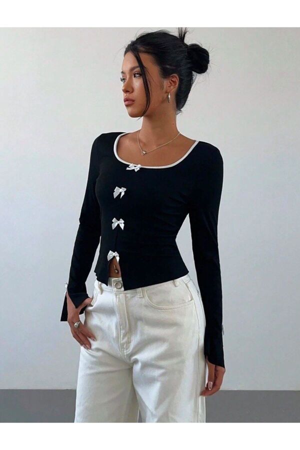 Gofeel-Black Ribbon Low-Cut Long Sleeve Crop 1