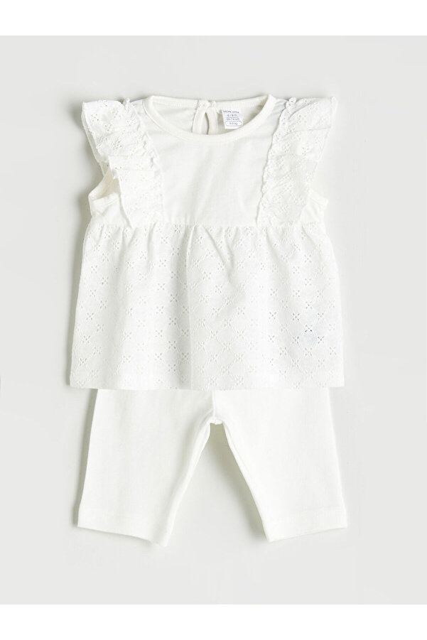 LC Waikiki Ekru Pamuklu Fırfırlı Kız Bebek Bluz ve Kapri 2'li