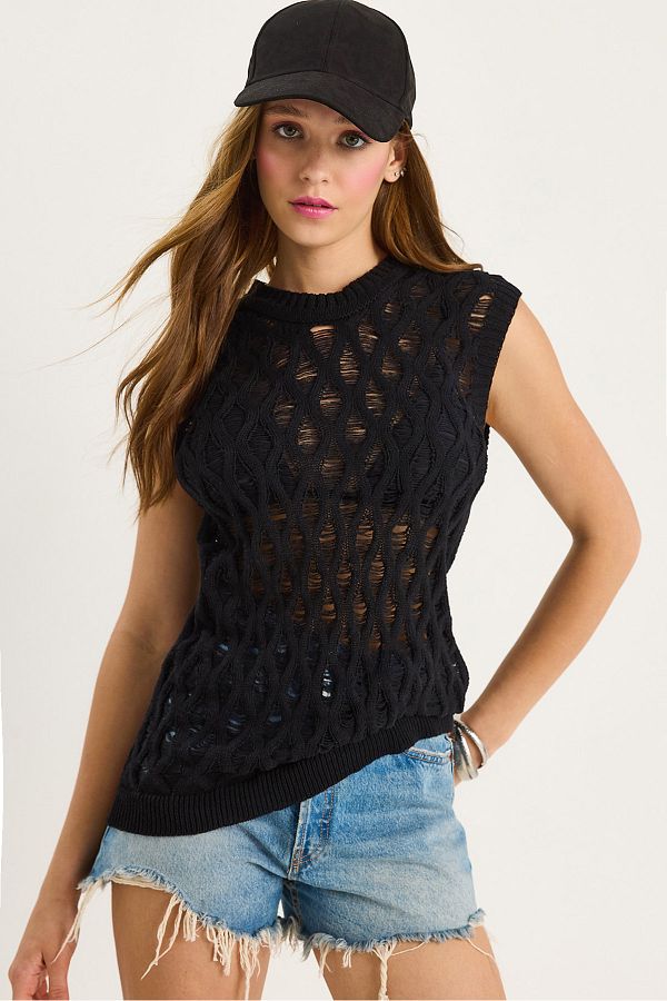 Bianco Lucci-Women's Crew Neck Openwork Knitted Blouse 20258002 1
