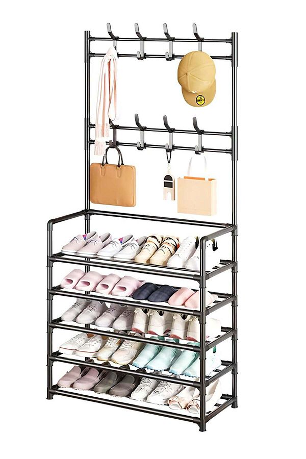 Generic-5-Tier Shoe Rack with Coat Rack, 3-in-1 Freestanding Clothes Organizer with 8 Hooks, Space-Saving Sh 1