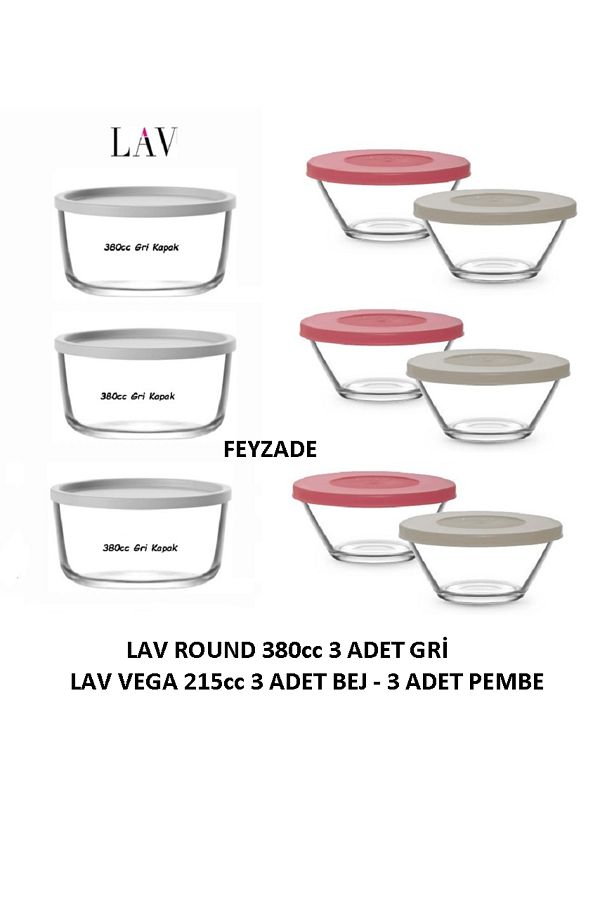 LAV-Feyzade Round 380Cc Storage Container Set 3 Pcs Gray Lid - Vega 215Cc Storage Container Set 6 Pcs 1