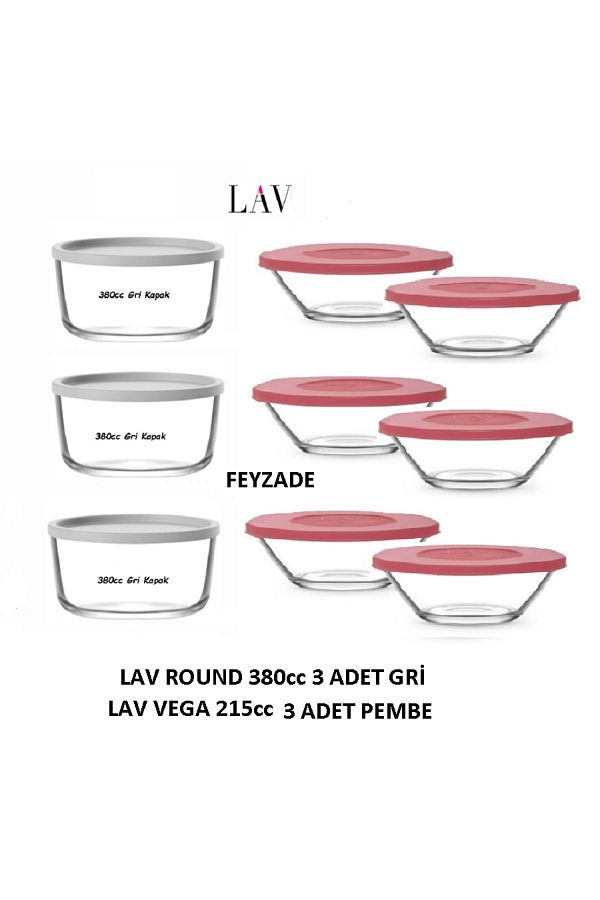 LAV-Feyzade Round 380Cc Storage Container Set 3 Pcs Gray Lid - Vega 215Cc Storage Container Set 6 Pcs 1