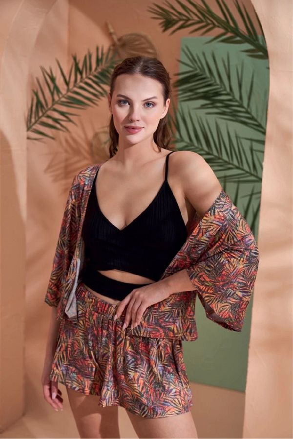 buHillco-Pjs Patterned Viscose Kimono Cropl Shorts Set 1